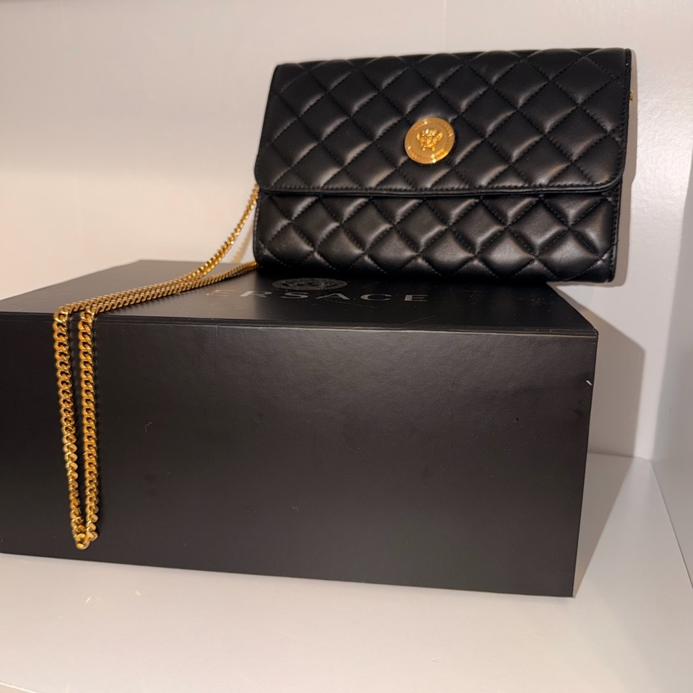 Versace black Quilted Leather purse with Gold Chain